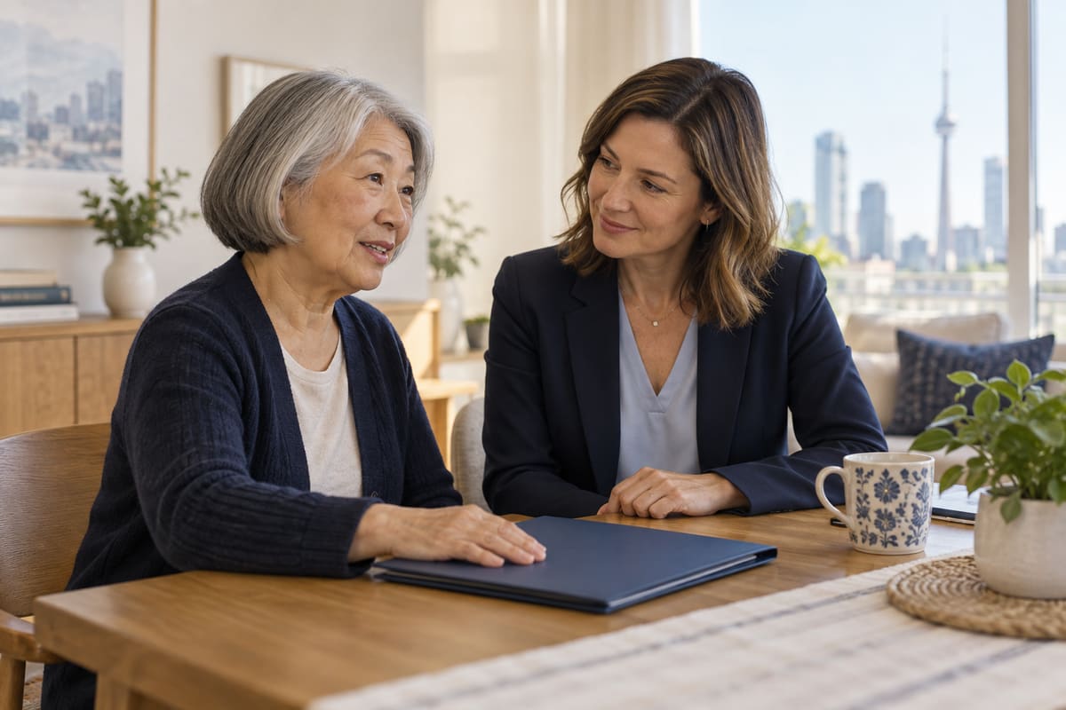 Illustrative scene of an older woman reviewing a planning folder with an advisor.