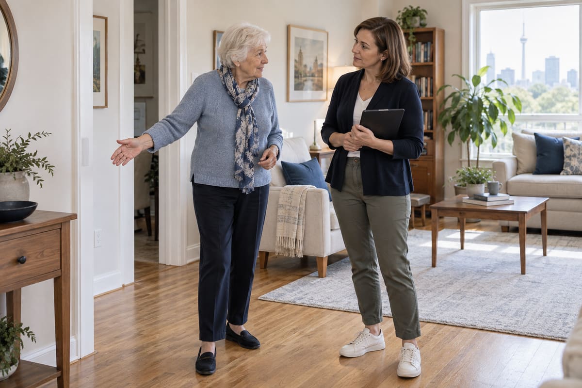 Illustrative scene of an older woman discussing the layout of her home with a professional.
