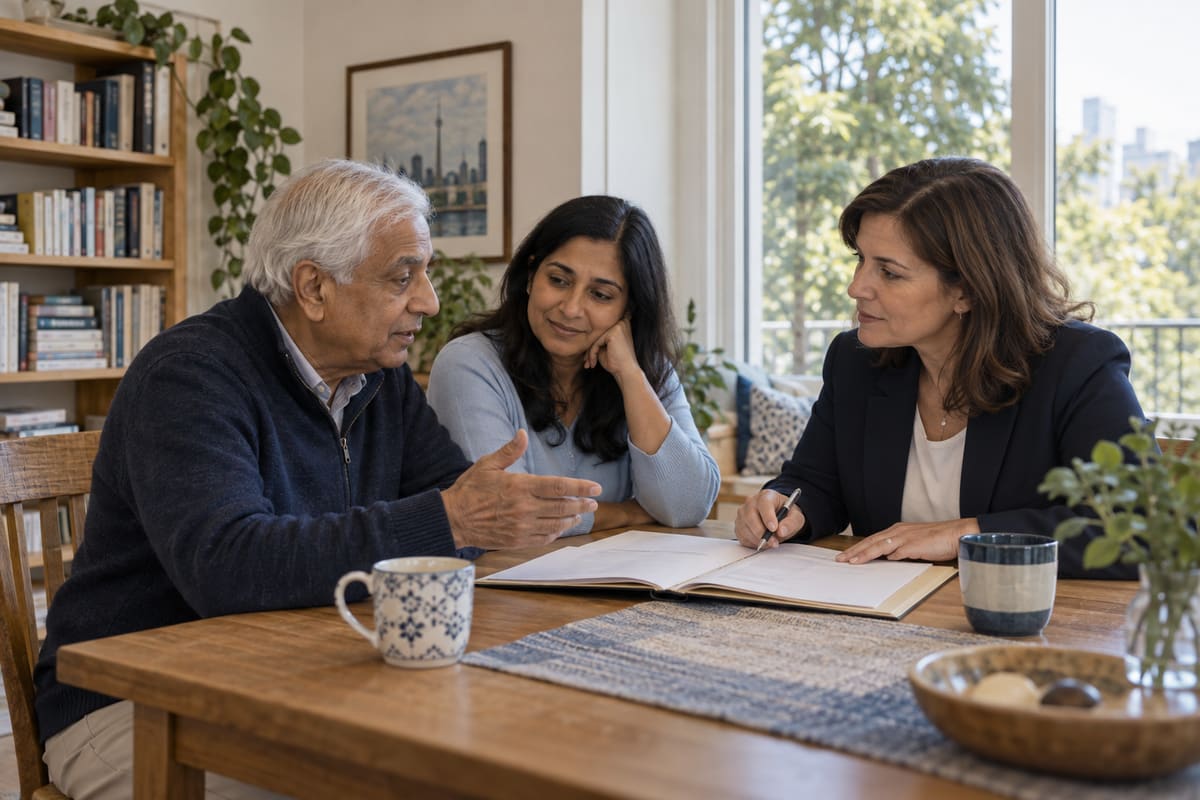 Illustrative scene of an older man and his daughter discussing care with an advisor.