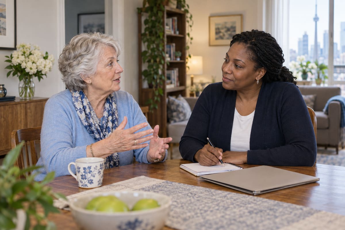 Illustrative scene of an older woman describing her daily routine to an assessor.