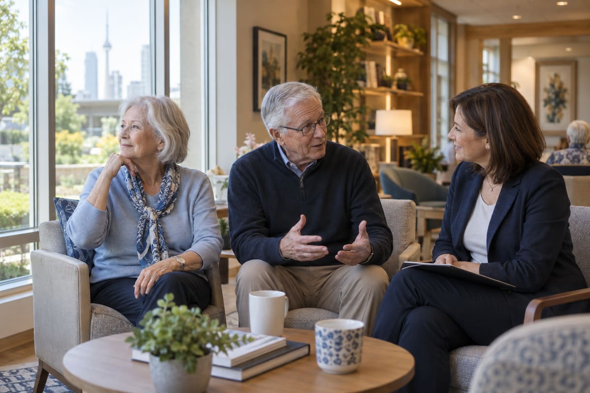 Illustrative scene of an older couple considering a senior residence lounge with an advisor.
