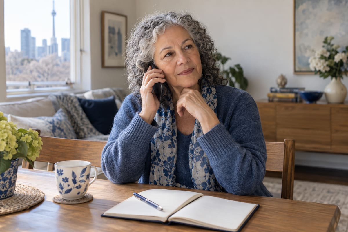 Scène illustrative : une femme âgée participe à une consultation téléphonique à domicile, un carnet à proximité.