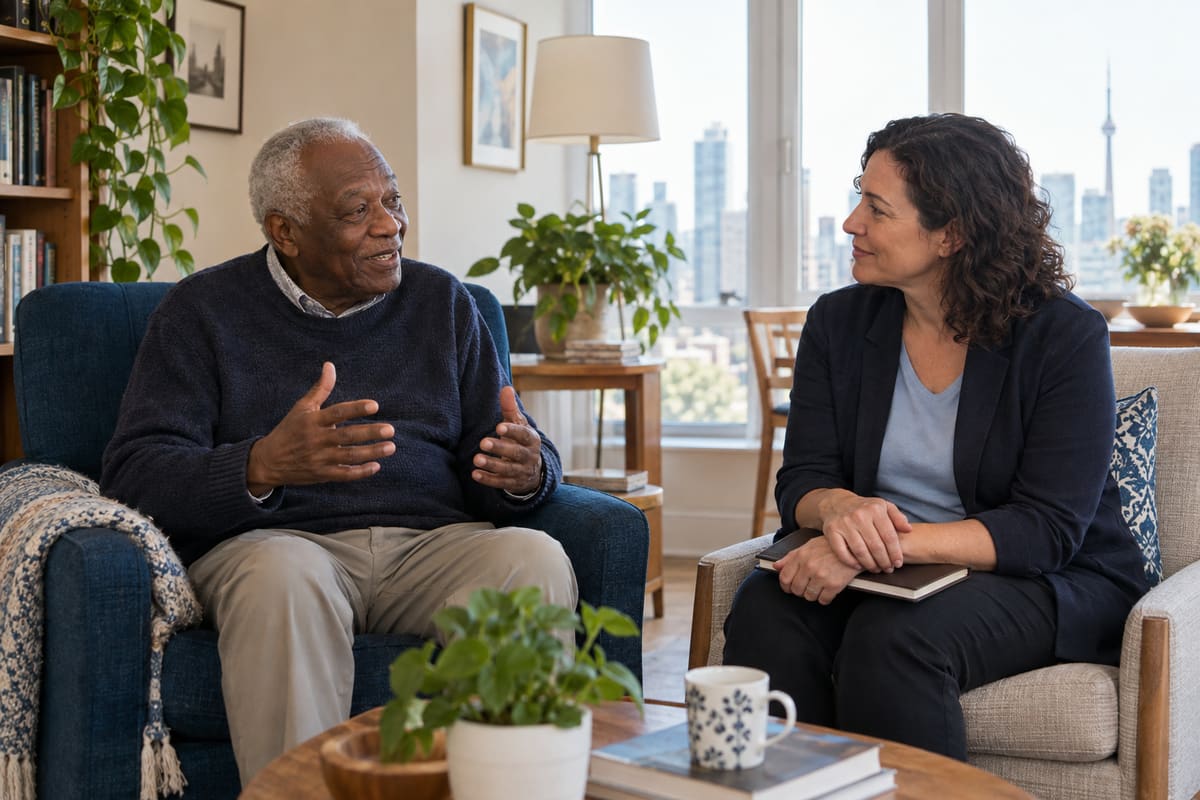 Illustrative scene of an older man and a professional visitor having a regular check-in.